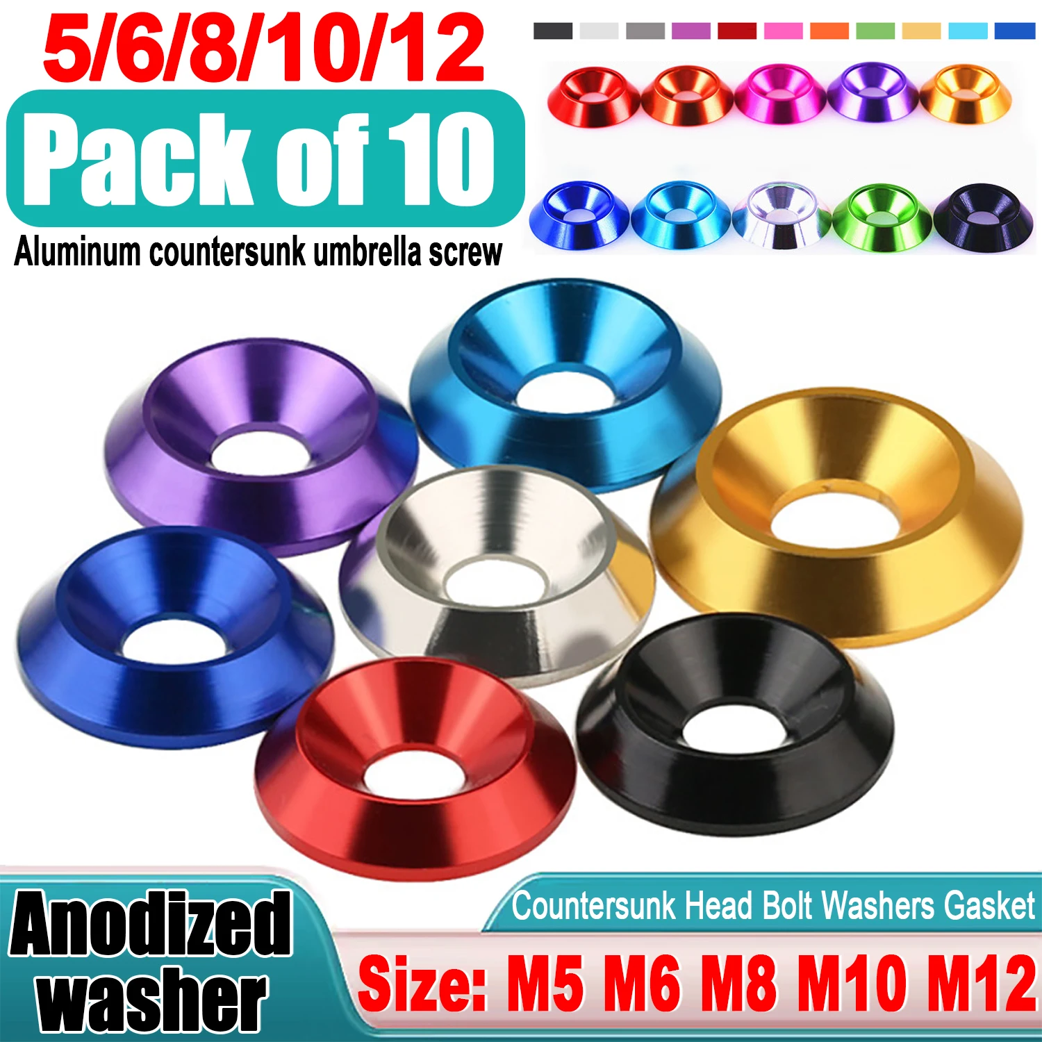 10PCS Aluminum Alloy M5 M6 M8 M10 M12 Anodized Countersunk Head Bolt Washers Gasket, Concave Conical Decorative Groove Washer DI