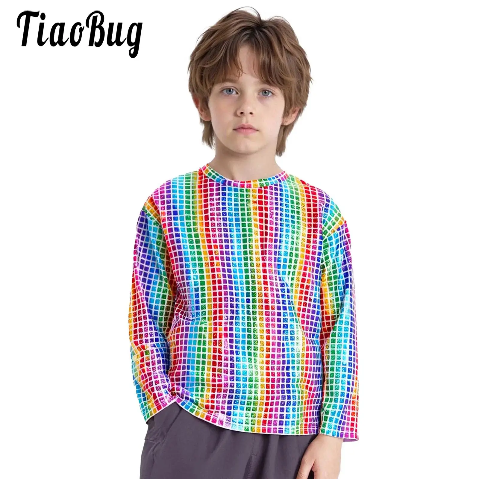 

Kids Girls Boys Metallic Plaid Choir Shirts Stage Performance Top Long Sleeve T-shirts Modern Jazz Dance Costume Cheerleader Top