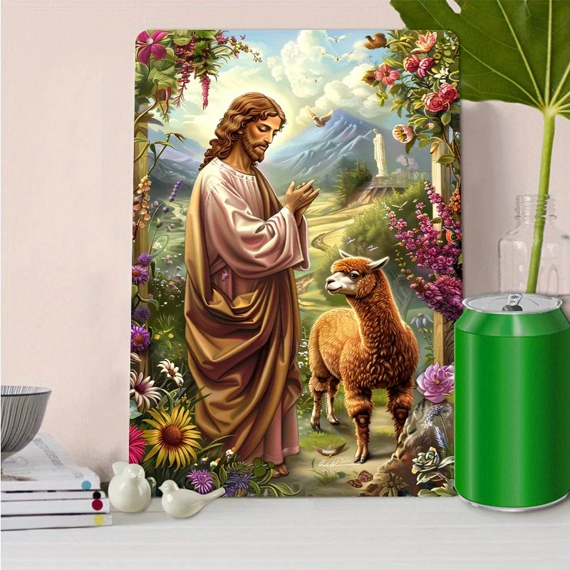 

2D "Jesus and Alpaca"theme 2D Flat Printing, Aluminum Sign, Retro Metal Sign Craft Decoration Wall Decor, 7.9x11.8"/11.8x17.7