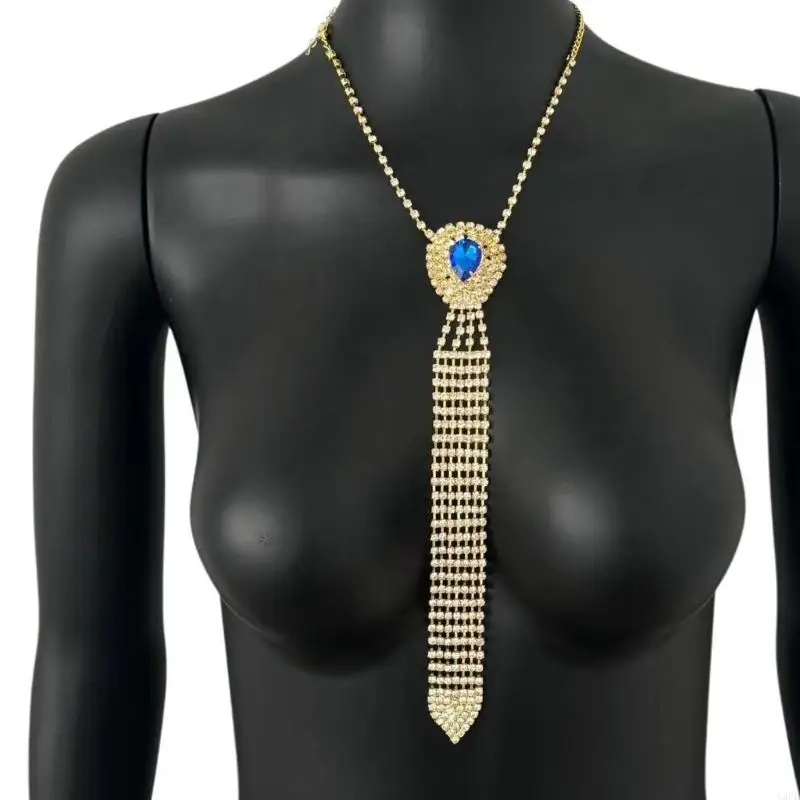 A3PB Rhinestones Choker Necklace Tie Crystal Heart Necktie Chain