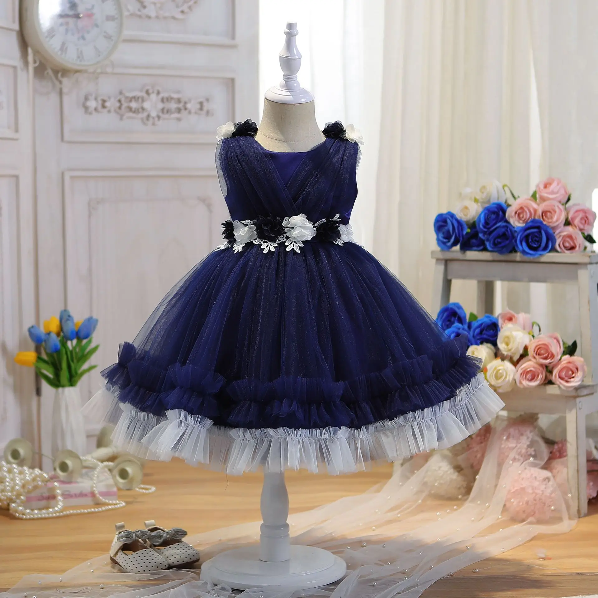 0-4 year Evening dresses flower bow sleeveless prom dress baby mesh cake dress banquet host performance Birthday Girl\'s Princes