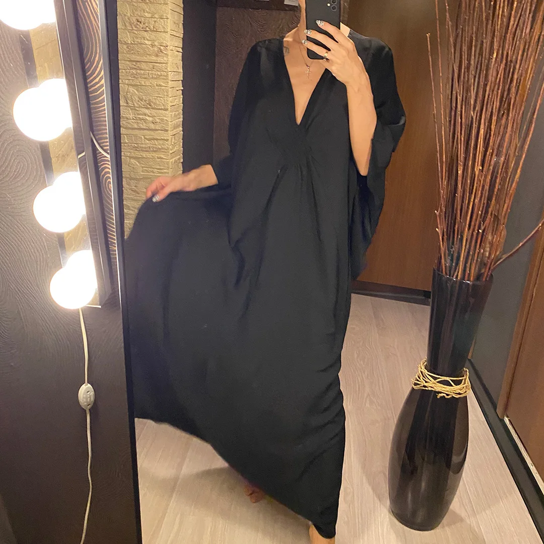 Langes Kleid im Stil einer griechischen Göttin, Tunika mit Fledermausärmeln, Strandkleid, Strandtuch, Strandmode, Kaftan, Maxikleid V4427 – Detail 4