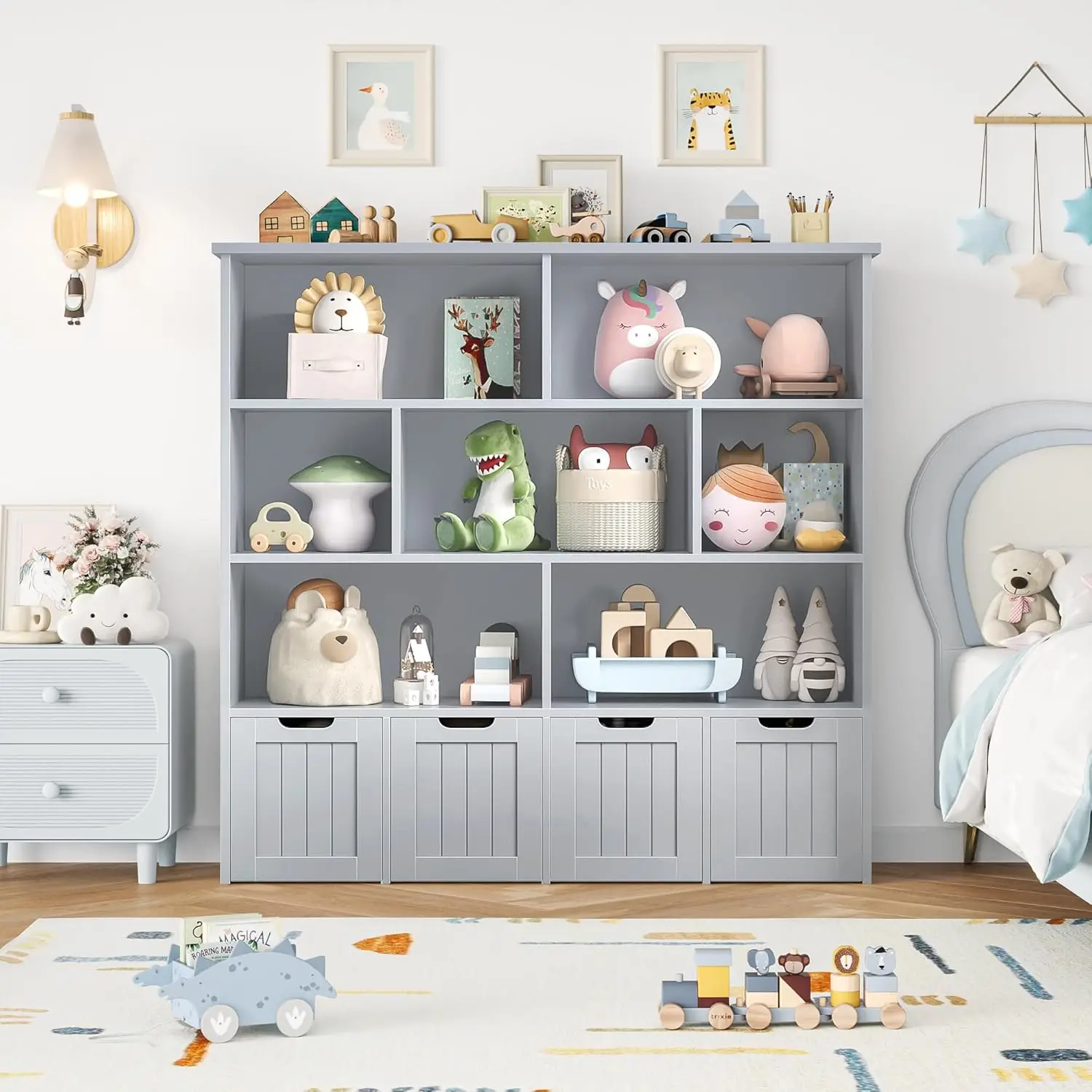 Toy Storage Organizer, 4 Movable Chests, 7 Cubes, Grey