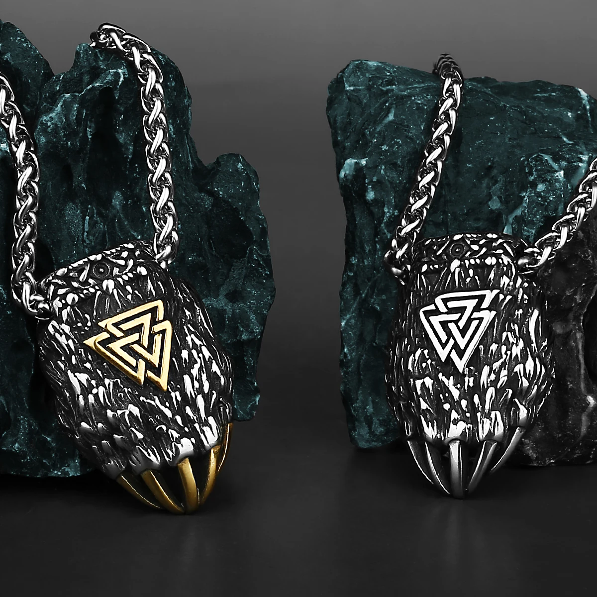 Viking Stainless Steel Bear Claw Valknut Necklace Jewelry Men's Mixed Gold Color Rune Amulet Biker Party Club Necklace Gift