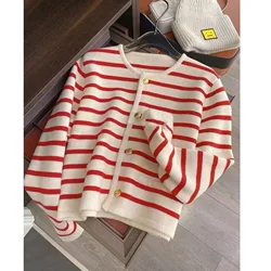 Maglioni da donna O-Collo Cardigan lavorato a maglia a righe Moda manica lunga Casual Top corti Stile coreano Nuovo 2024 Autunno Inverno