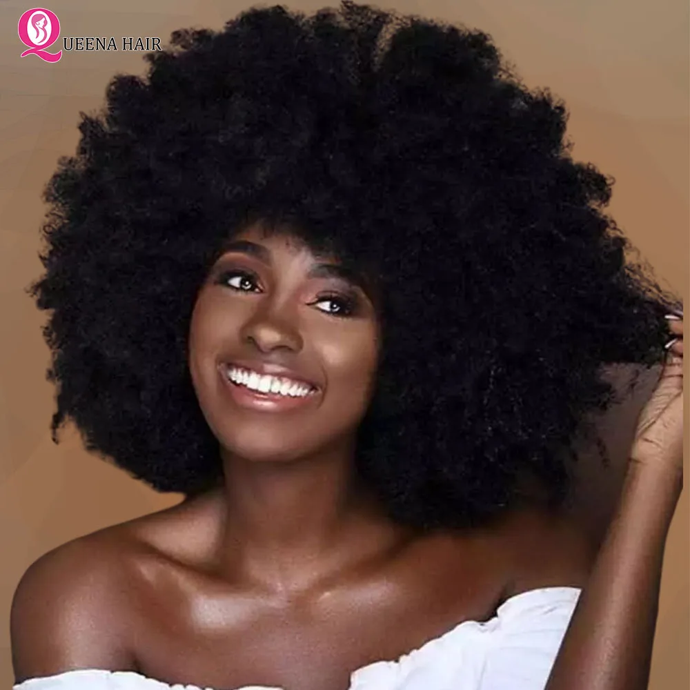 Afro Kinky Curly Short Human Hair Wigs With Thick Bangs Fluffy Natural Bob Wig Glueless Brazilian Full Machine Made Wigs On Sale