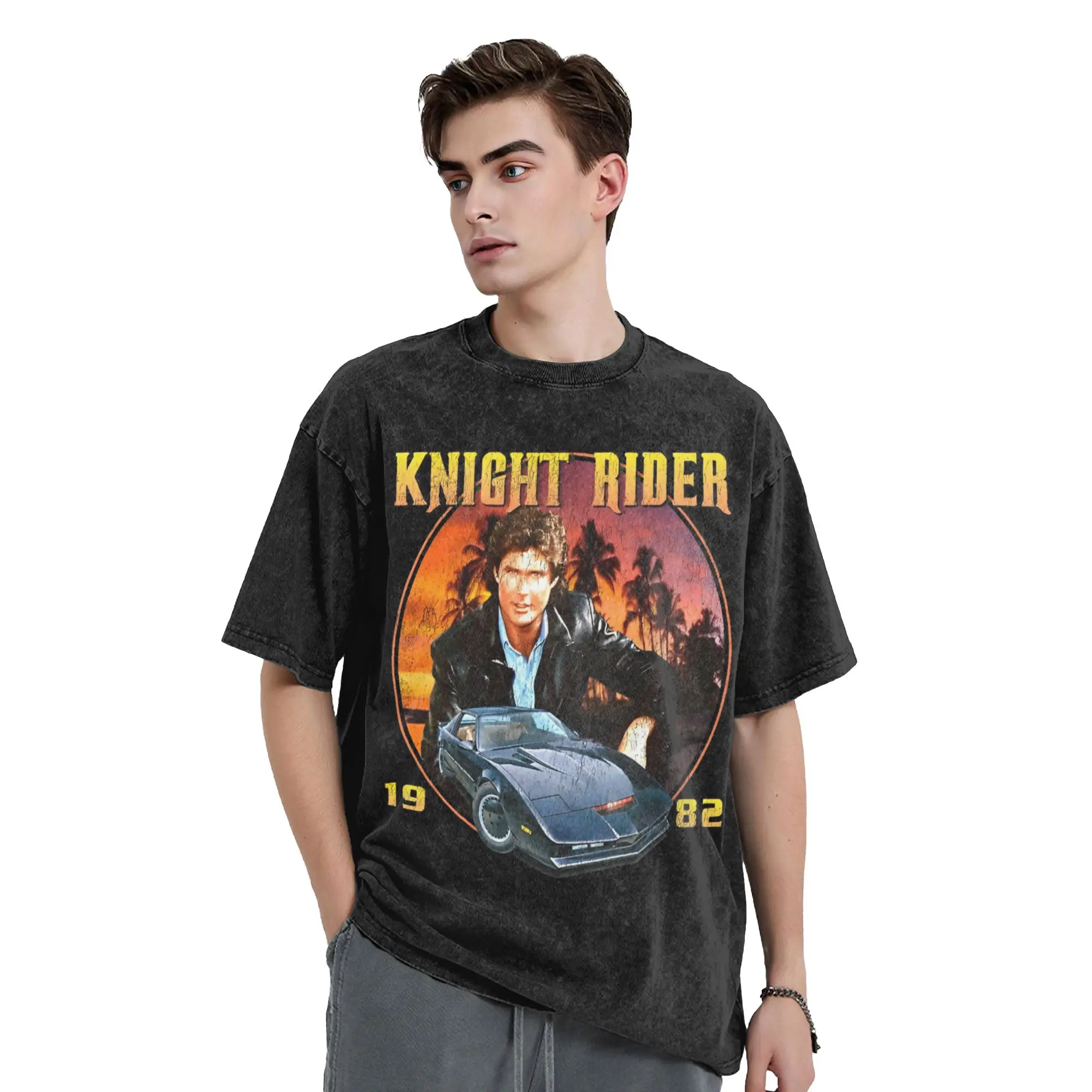 Knight Rider Industries KITT Worn Vintage Washed T Shirts 100% Cotton Casual T-Shirt Crew Neck  Tee Shirt Short Sleeve Clothing - view 2