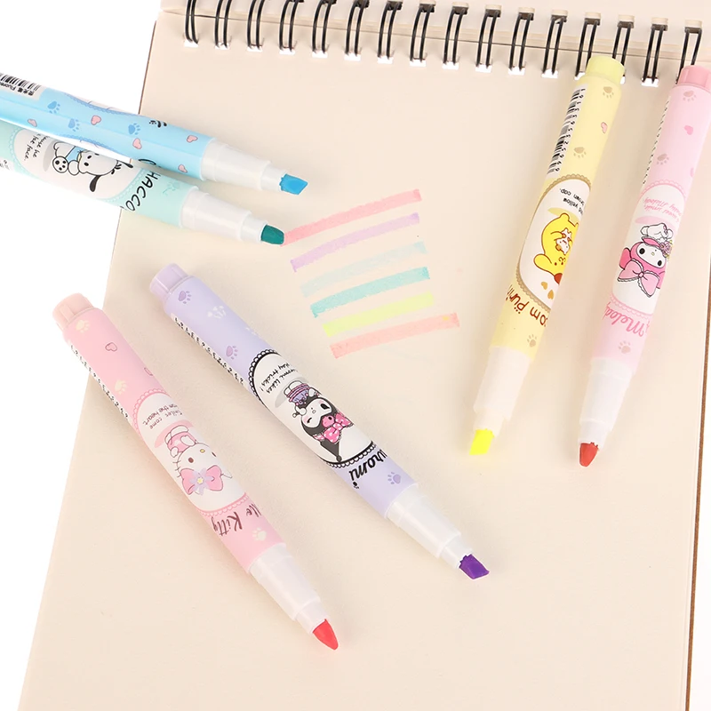 6Pcs Sanrio Hello Kitty Highlighter Pen Kawaii Kuromi Melody Cinnamoroll Art Fluorescent Markers Pens School Office Statione