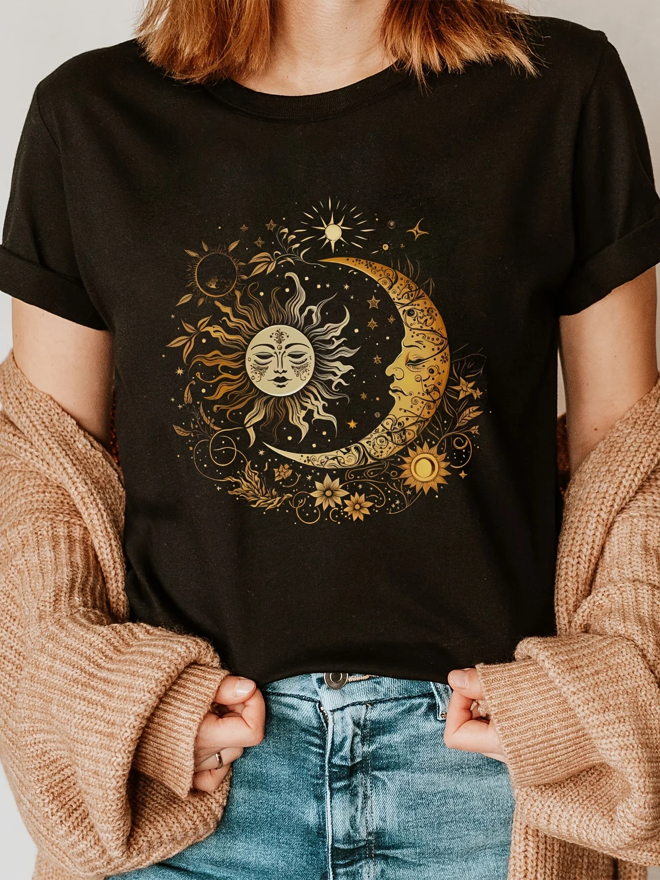 Celestial Sun Moon T Shirt Bohemian Graphic Tee Mystic Astrology Stars Summer Top Casual Fashion Shirt For Women Ladies
