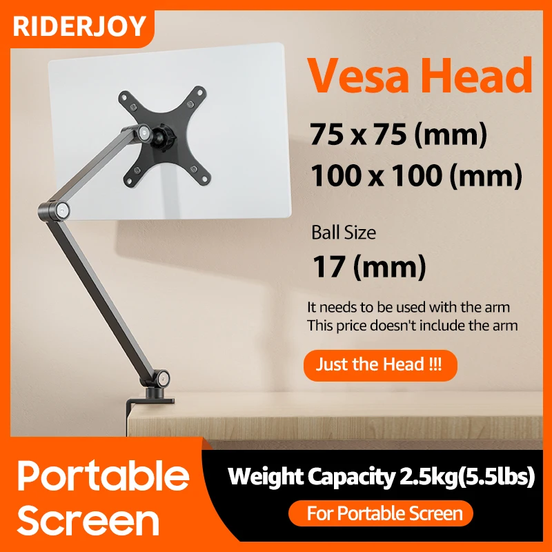 RIDERJOY Portable Monitor Desk Mount VESA Head 75*75/100*100 (mm) For 4.7-18 inch Screen Tilt/ 360° Portable Screen Stand Holder