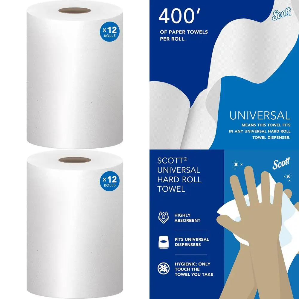 

High Absorbency 1.5 Core White Hard Roll Towels, 400 Feet per Roll, 12 Rolls per Case, 4,800 Feet per Case