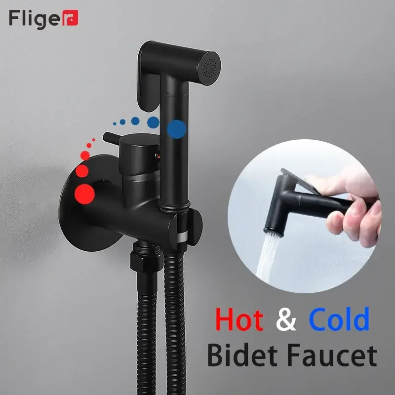 

Fliger Brass Bidet Faucet Sprayer Hygienic Shower Bathroom Toilet Faucet Hot Cold Water Black Handheld Toilet Bidet Sprayer