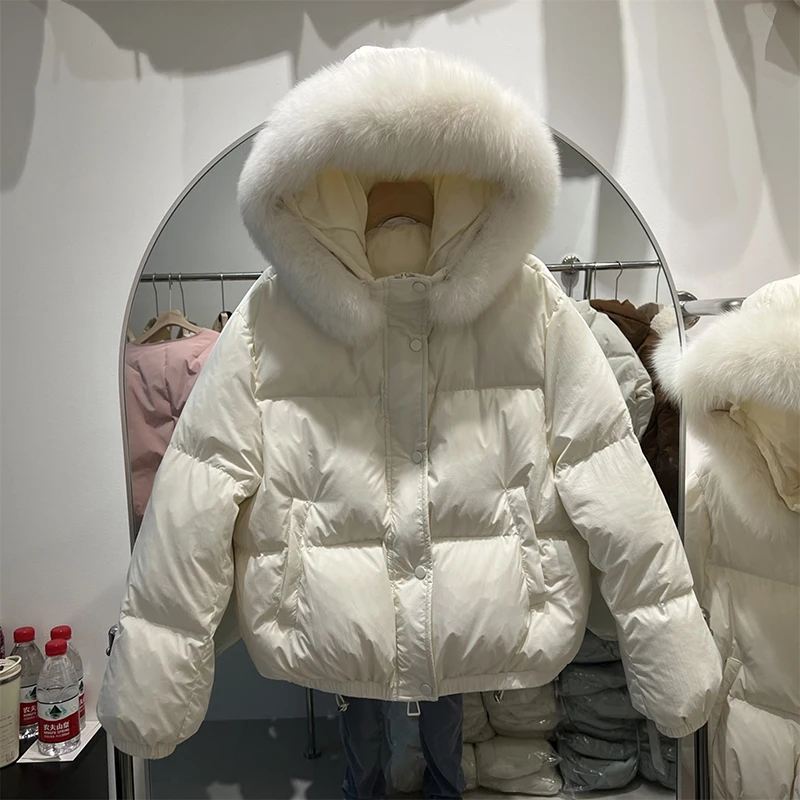 

Winter Natural Large Fur Collar Hooded Down Jacket Women White Duck Down Short Outwears Female Puff Loose Warm Quilted Jackets