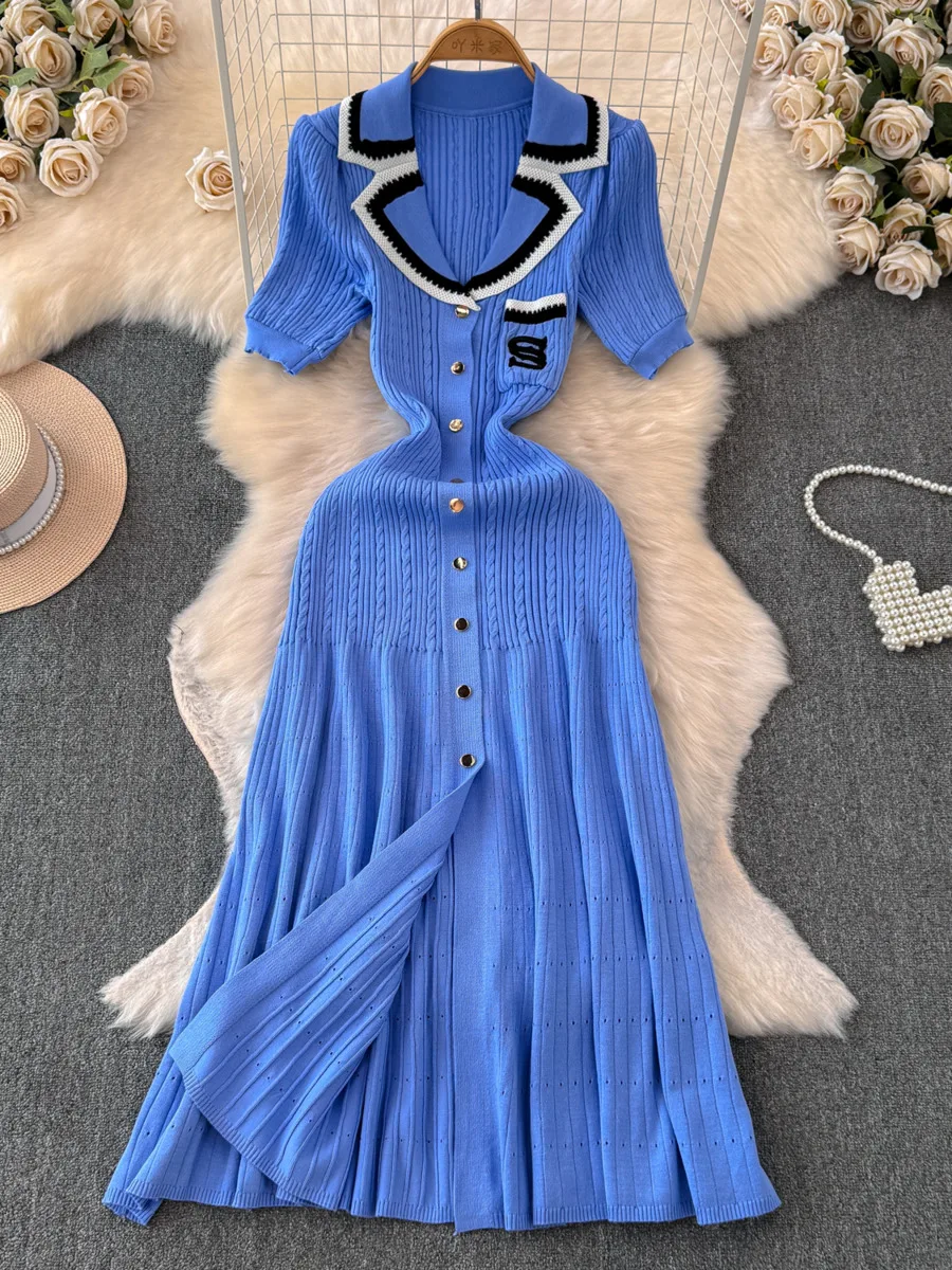 2024 neue Mode gestrickt Maxi kleid Sommer Frauen elegante Turn-Down-Kragen Stickerei langes Hemd Kleid Dame Pullover Vestidos