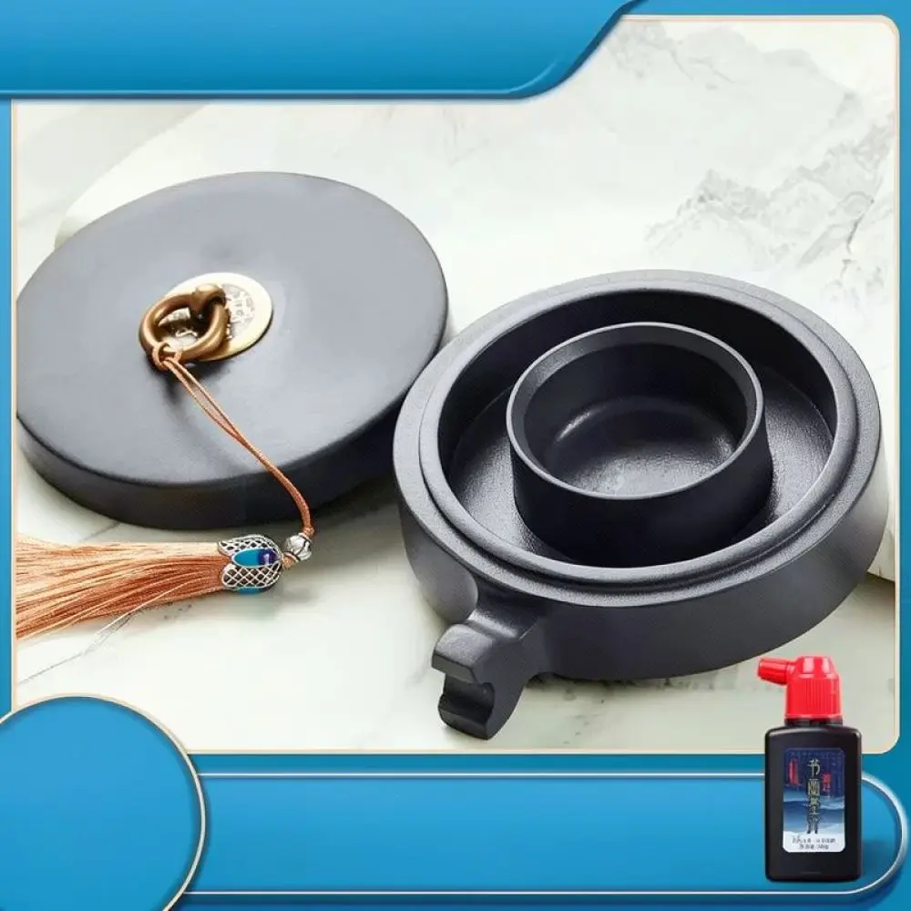 Natural Stone Inkstone With Cover Professional Calligraphy Tool Ink Grinding Well For Painting Student School Supply