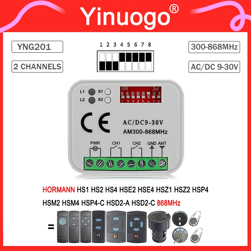 

YNG201 Receiver Garage Door Controller 9V-30V For HORMANN HS1 HS2 HS4 HSE2 HSE4 HSZ1 HSZ2 HSP4 HSM2 HSM4 HSP4-C HSD2-A 868MHz
