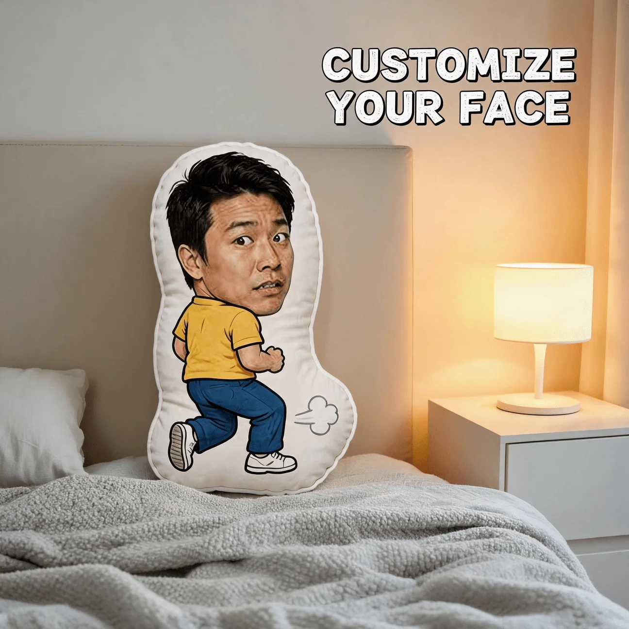 Customized funny face shaped pillows, treadmill shaped decorative cushions that can be personalized with photos, unique home dec