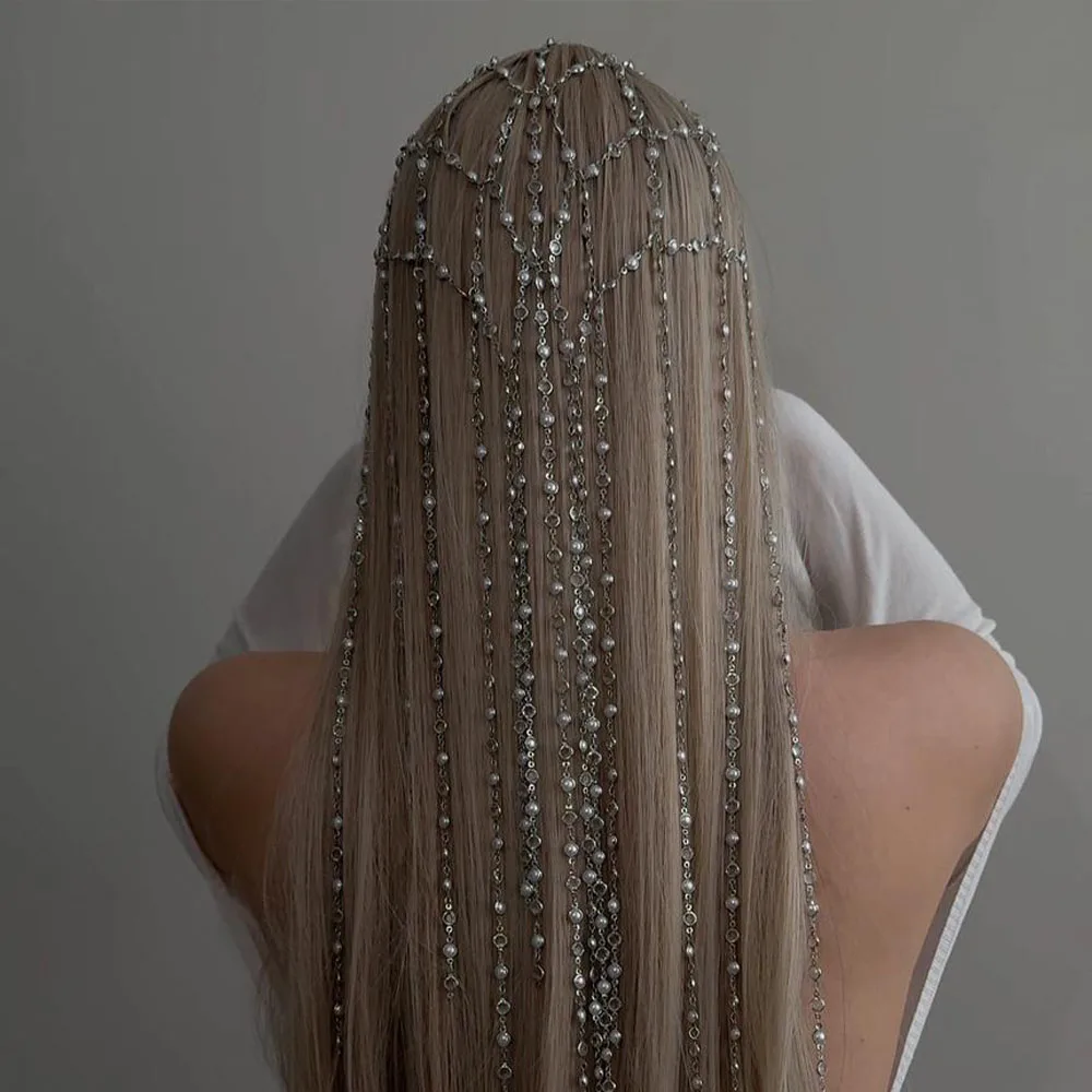 

Trendy Tassel Hair Chain Rhinestone Accessories Jewelry Hat Wedding Tiara Headband Indian New Pearl Headwear Bride Party Gifts