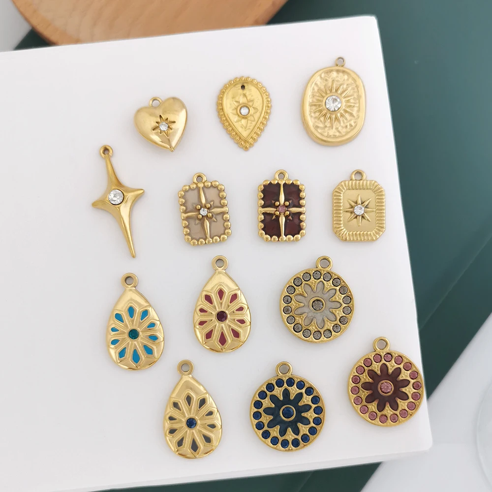 Anhänger für Halskette, Ohrringe, Charm, Herz, Stern, rund, Tropfen, rechteckig, Vintage-Edelstahl, Weiß, 18 Karat Gold, PVD-beschichtet, Braun