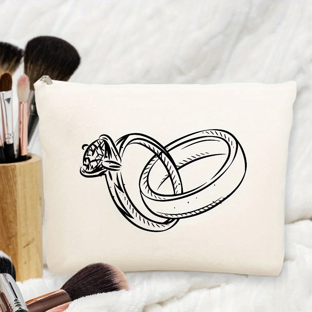 Aesthetic Ring-Printed Makeup Bag for Women - Travel Toiletry Organizer, Bridal Wedding Honeymoon Gift, Compact & Stylish