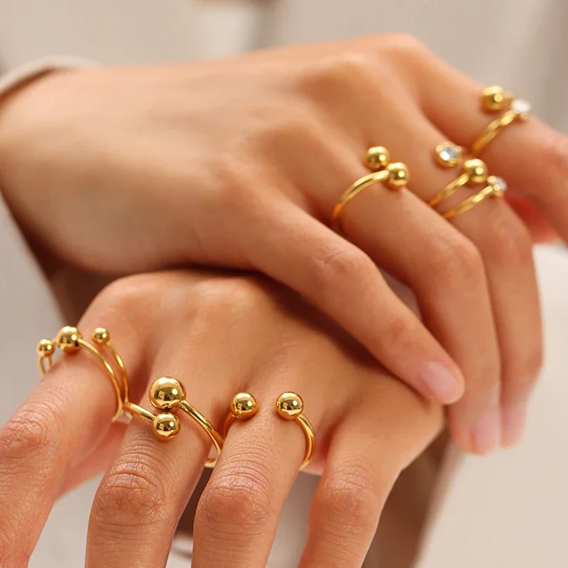 

Minimalist Stainless Steel Ring Double Ball Beads Open Rings For Women Gold Color Finger Rings Wedding Couple Rings Jewelry Gift