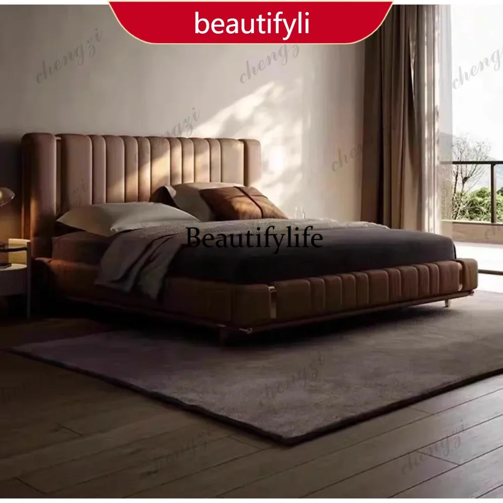 Cama de cuero A45, moderna, sencilla, grande, plana, para dormitorio principal, de diseño, con respaldo alto, suave, con estructura de acero inoxidable, cama doble