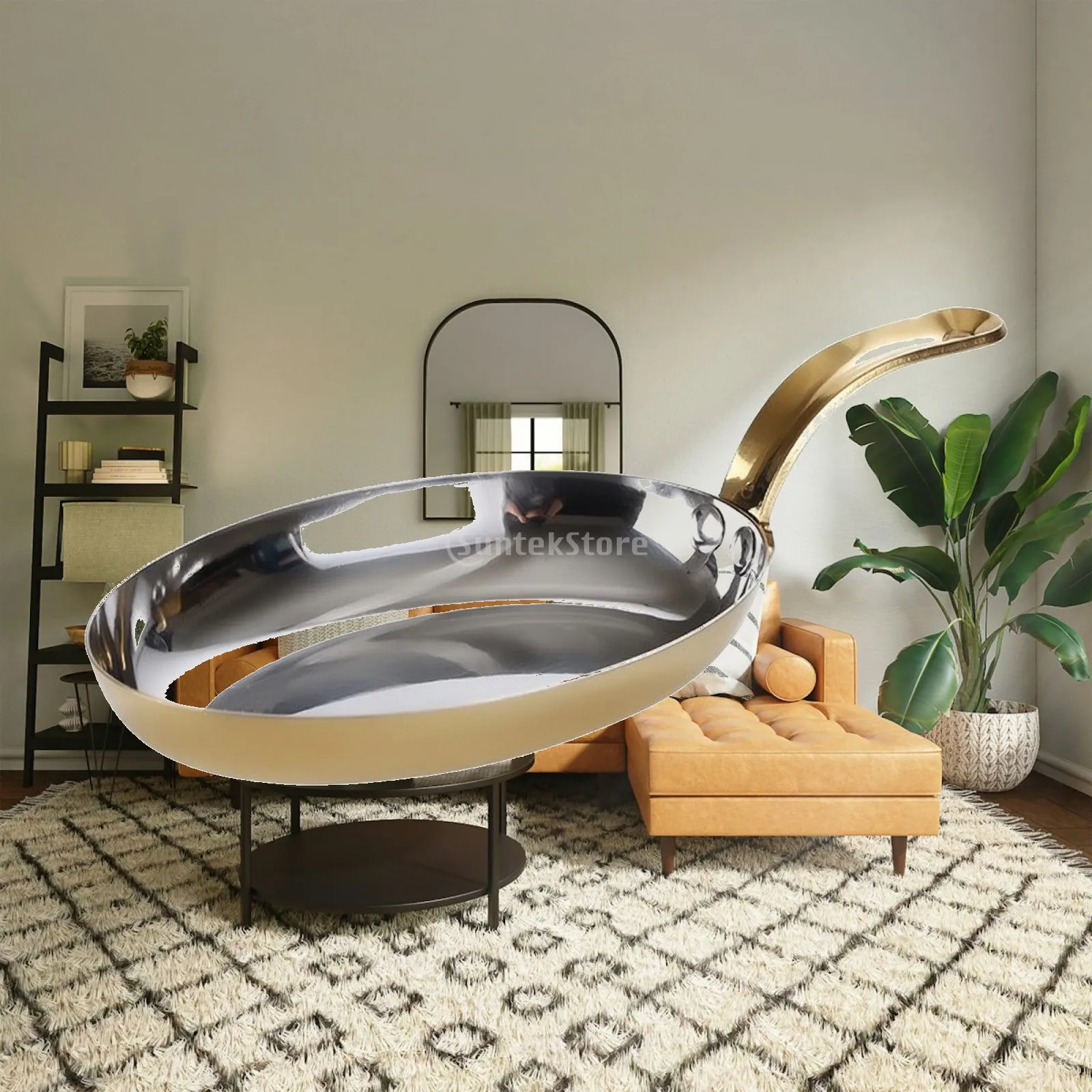 Polished Silver Interior Gold Exterior Stainless Steel Oval Pan with Bronze Handle for Stovetop to Table Serving