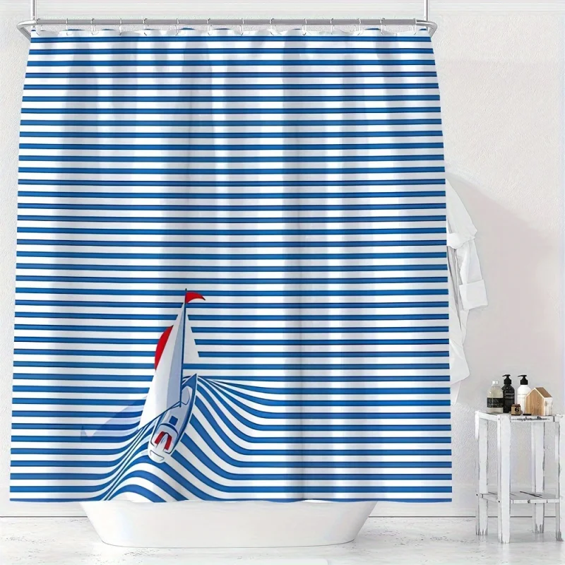 YWJHUI Nautical Shower Curtain with Hook, Stripe Sailboat Digital Print, Polyester, Water-Resistant, Machine Washable, Knit Weav