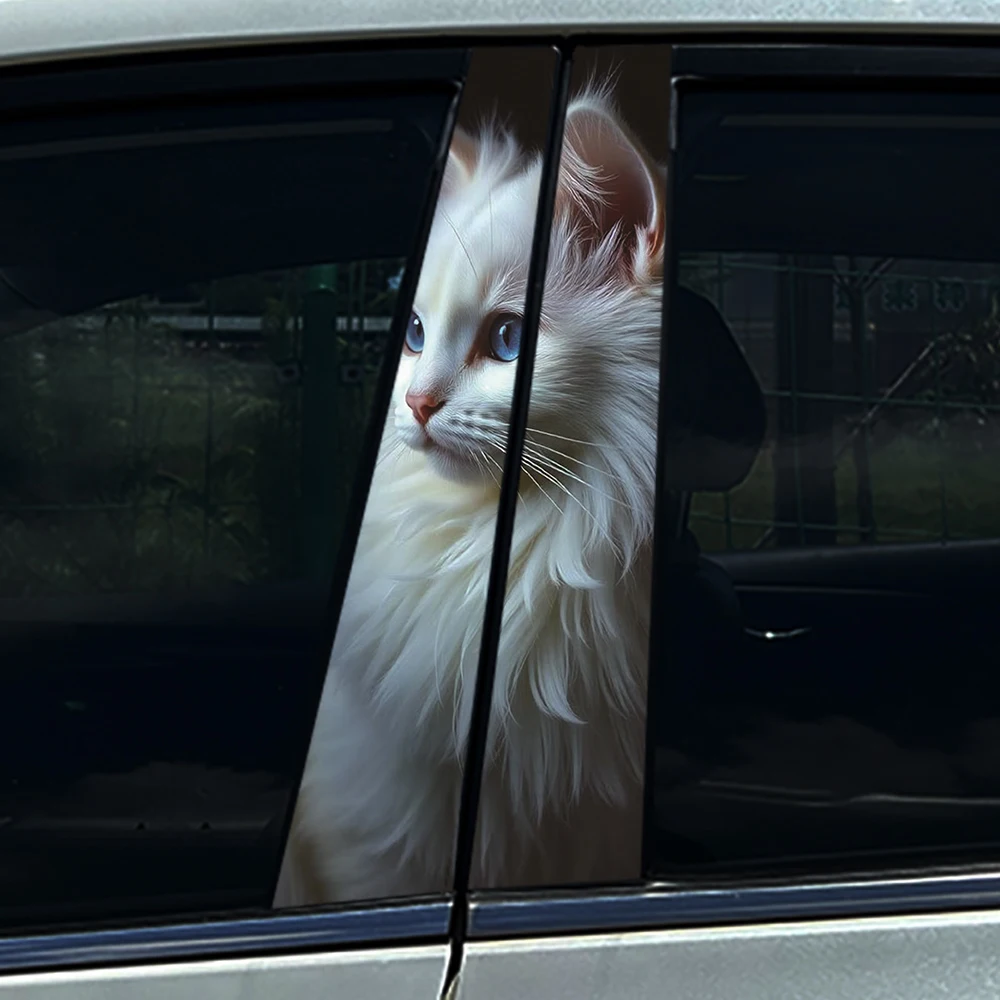 2PCS 3D Fluffy White Maine Coon Cat Car B Pillar Decal, Upgrade PET Material, Customizable Waterproof Auto Sticker