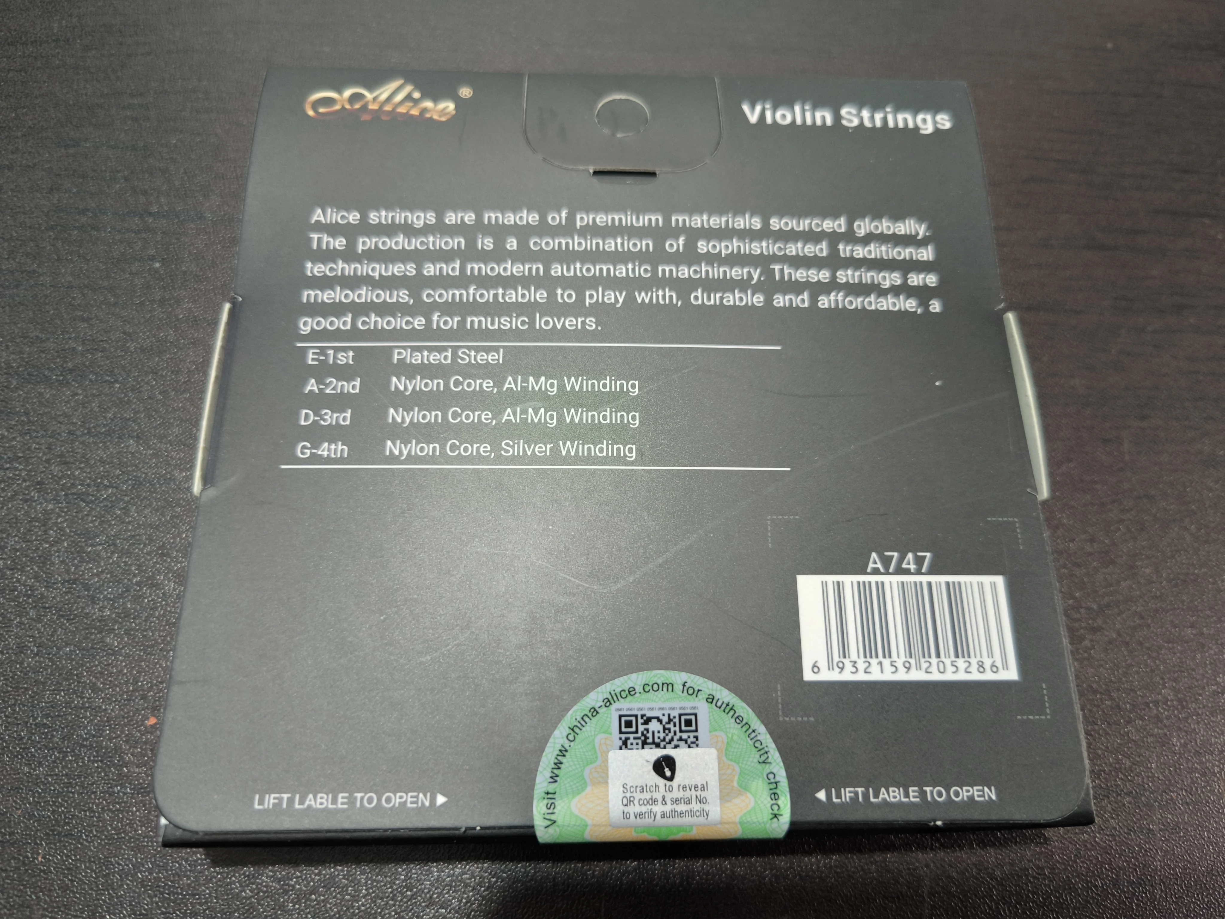 1 Pack Alice A747 Plated Steel Nylon Core Al-Mg Silver Winding 4/4 Scale Violin Strings High end Version