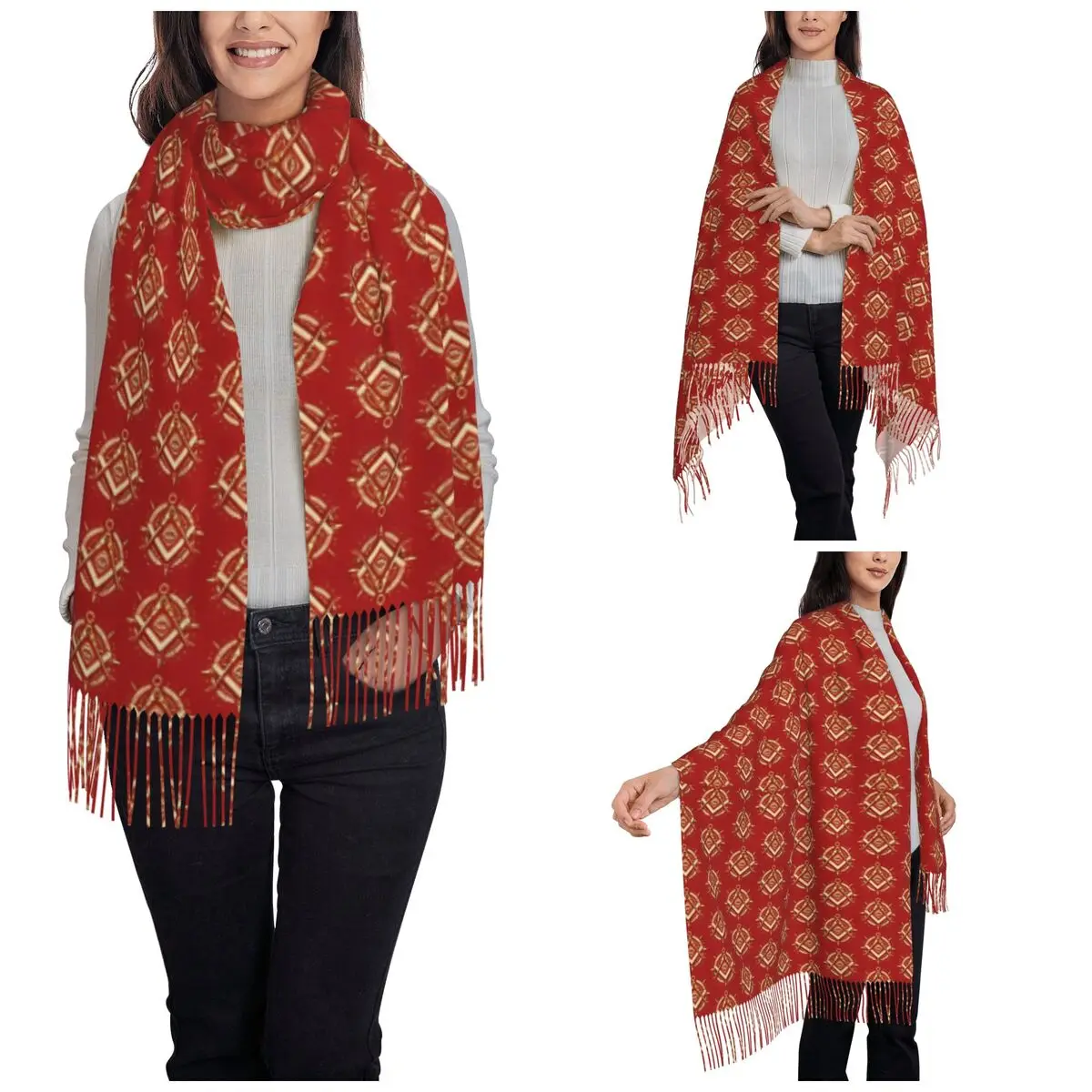 Women's Tassel Scarf Square And Compass Freemason Masonic Long Soft Warm Shawl and Wrap Gifts Pashmina Scarves