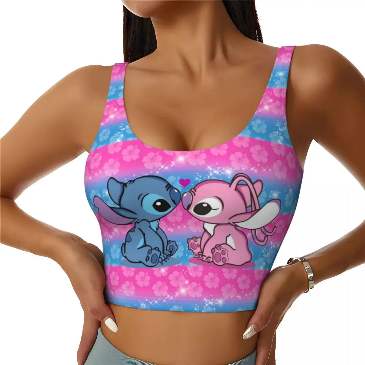 Camisetas sin mangas cortas de entrenamiento con patrón de Lilo y Stitch personalizados, sujetadores deportivos Kawaii sin costuras para correr y Yoga para mujer