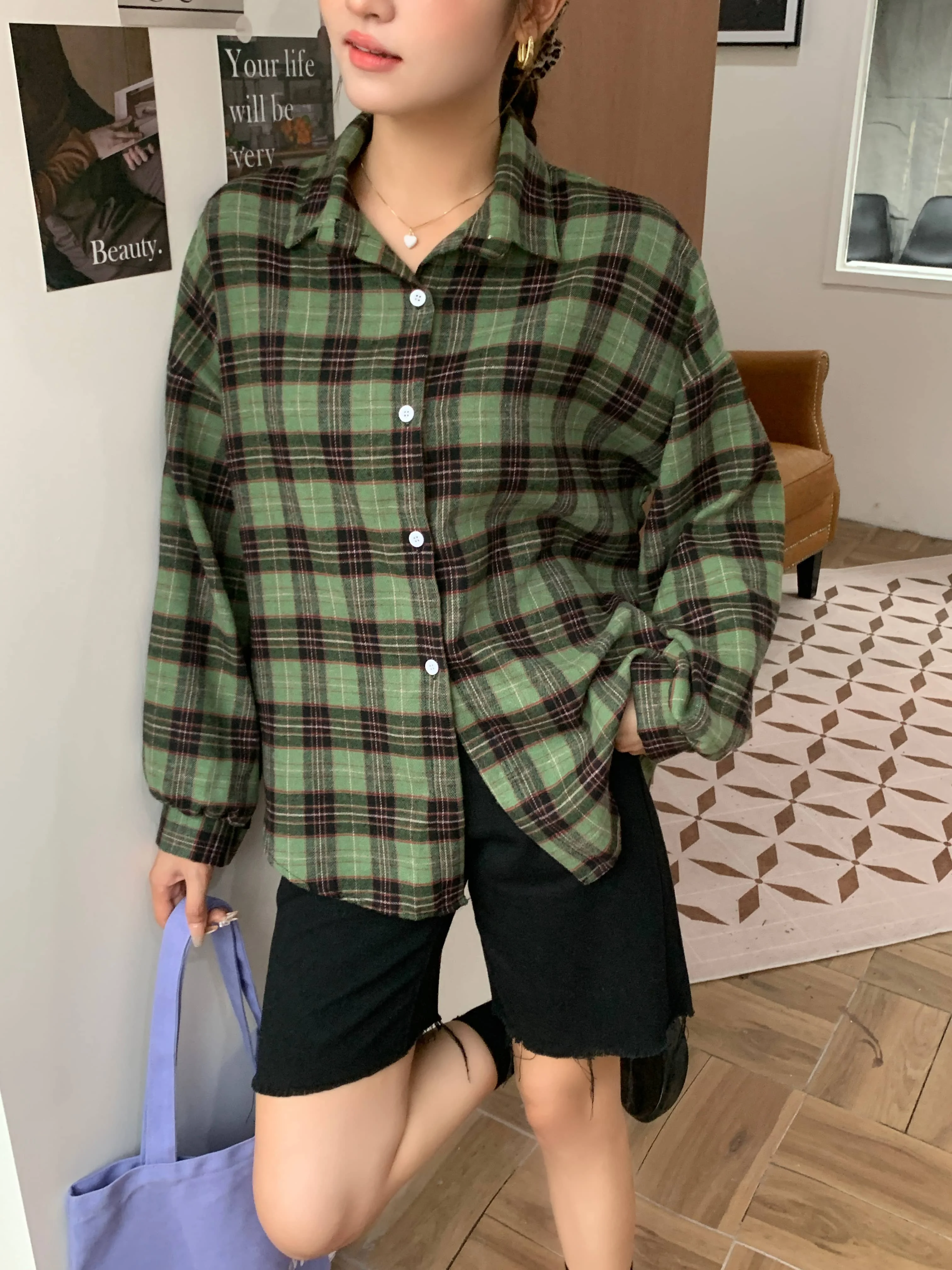 Chemise à carreaux verte pour femmes, col boutonné, surdimensionnée, chemisier, haut pour adolescente, Style petit ami, tenue chemises à carreaux