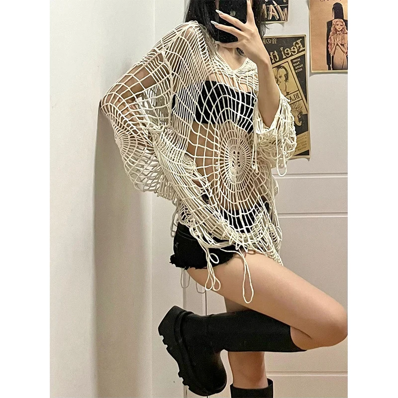 Y2k Hollow Out Sweater Women 2000s Streetwear Spider Web Hooded Knit Pullovers Summer Korean Oversized Knitwear Vintage Jumpers