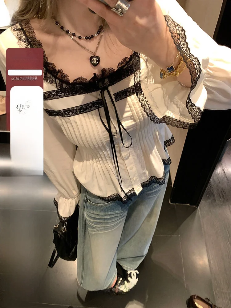 

Retro Lace Long Sve irt Women's Square Collar Blouse Versatile White Spring Autumn Design Korean Sle Breathable Comfor...