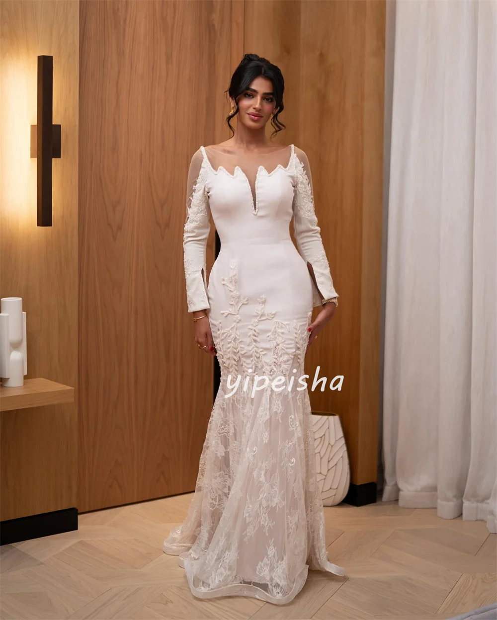 Personalizzato squisito intricato jersey pizzo perline sirena scollo rotondo abiti lunghi abiti da occasione su misura abbinati alla moda