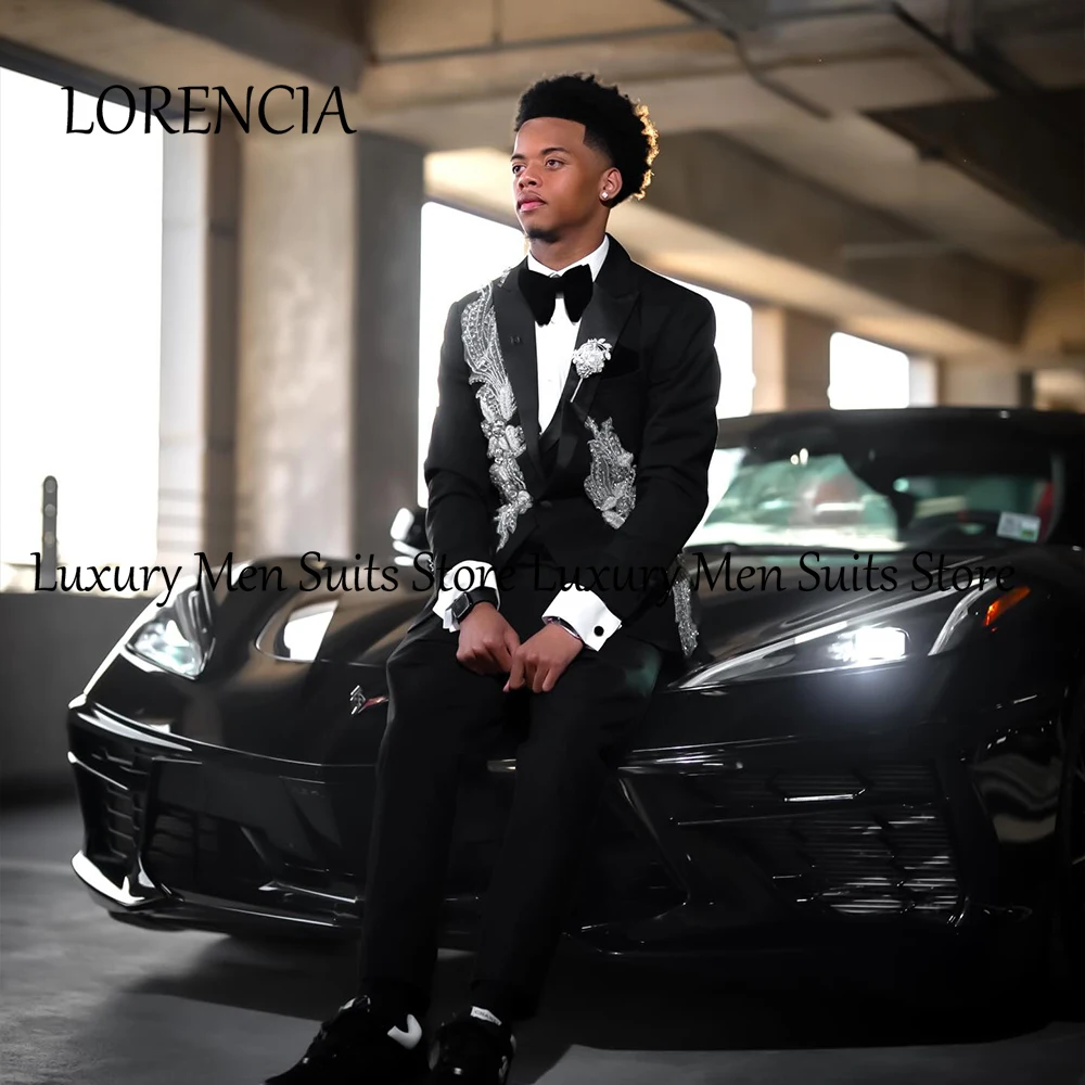 

Sparkling Applique Suits for Men 3 Pieces Set Wedding Party Groom Tuxedos Prom Wear Customized Blazer Pants costume homme luxe