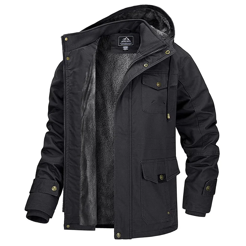 MAGCOMSEN Winter Jacket Men's Cotton Cargo Jacket Fleece Lined Thicken Work Coat Warm Parka Coat Detachable Hood Snow Ski Jacket
