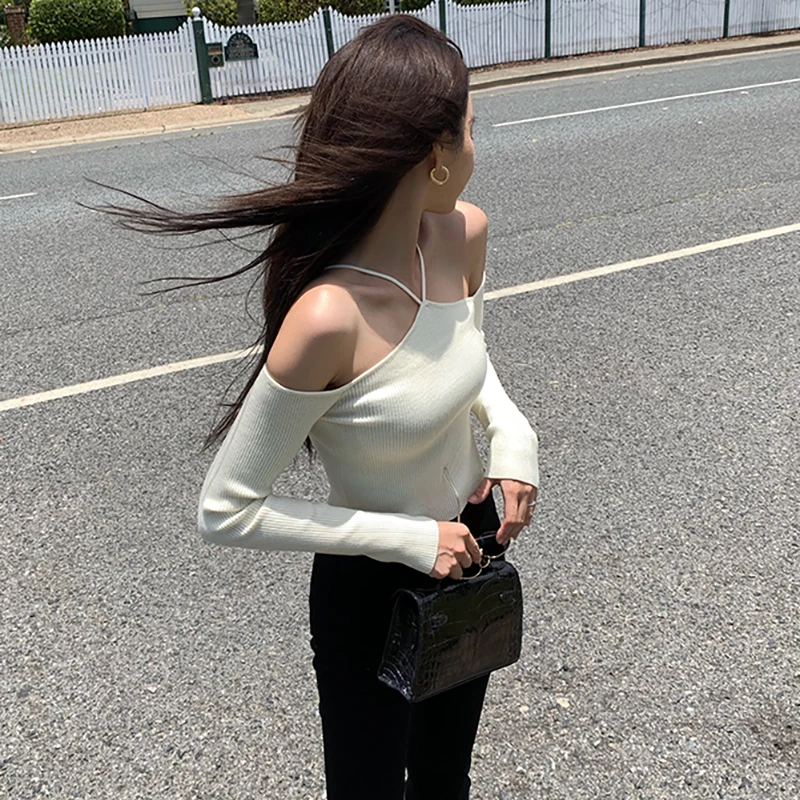 Sweater Mujer Sexy Off Shoulder Slim Knitted Sweaters White Black Women Pullovers Long Sleeve Top Pull Femme Vintage Knitwears