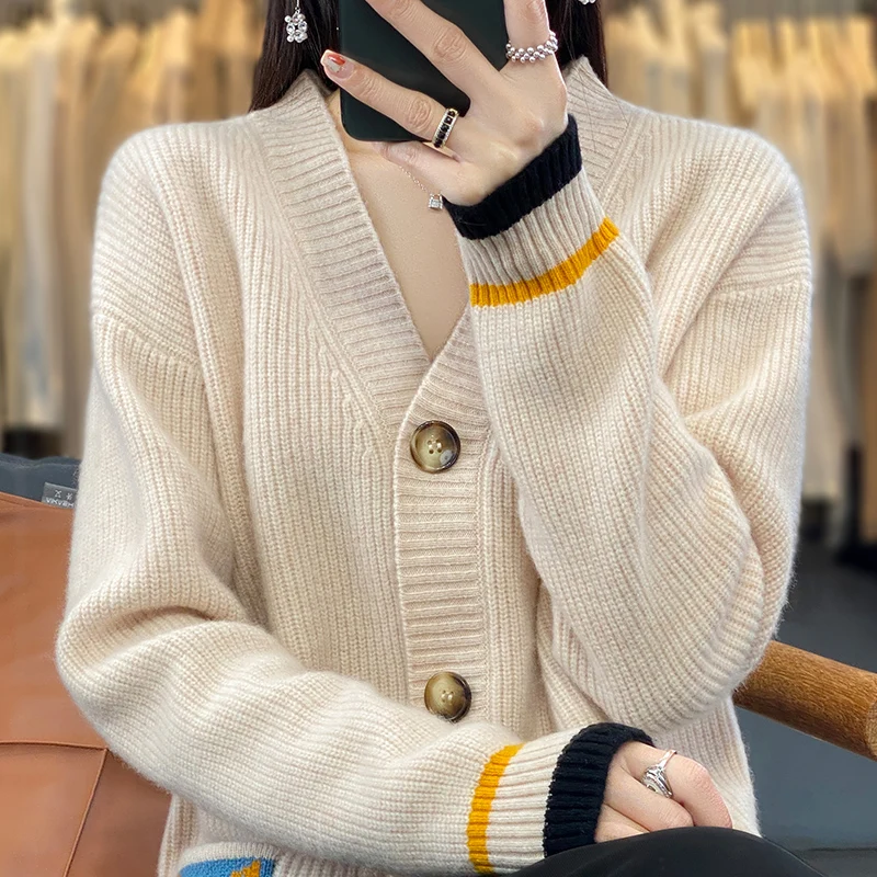 2023 100% Merino Wool Women\'s Clothes V-neck Cardigan Knitted Color Contrast Sweater Long Sleeve Thickened Pocket Casual Fashion