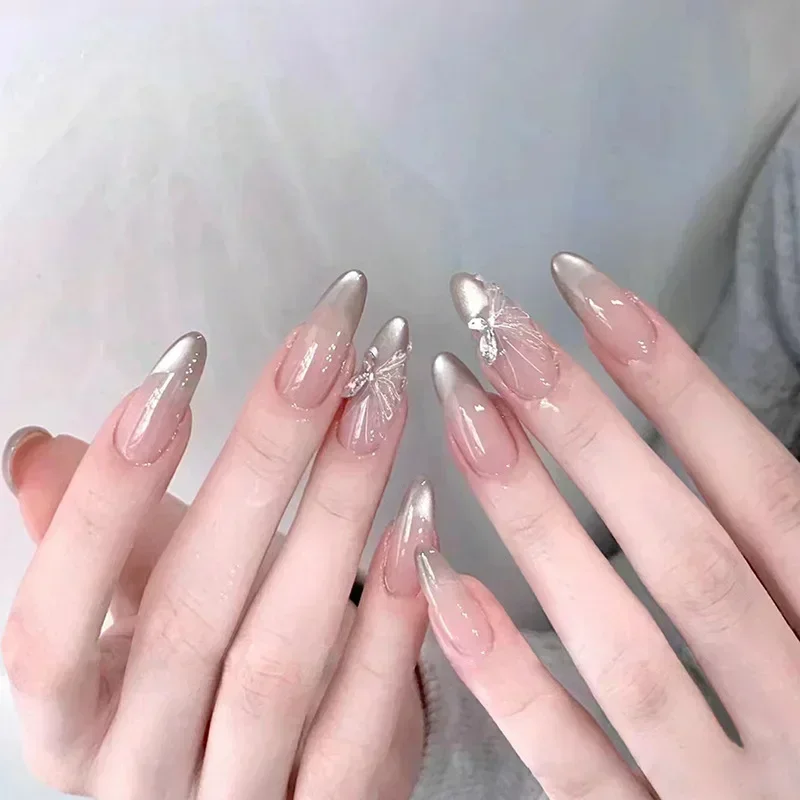 아몬드 헤드 보우 다이아몬드 스틱이있는 손톱에 24Pcs 고양이 눈 프레스 거짓 손톱에 달콤한 핑크 프렌치 풀 커버 인공 손톱 팁