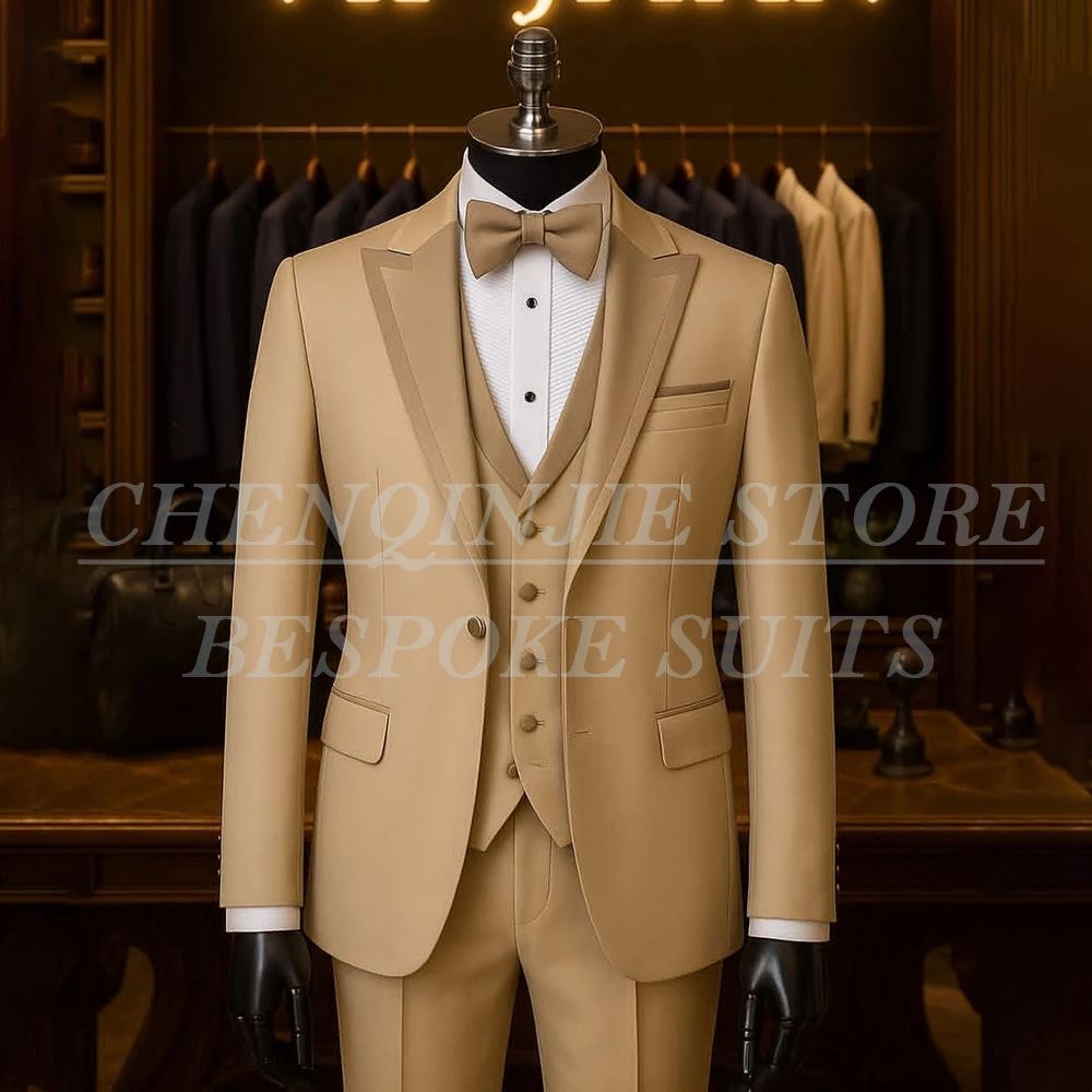 

One-Button Men's Suits Formal Wedding Peak Lapel Slim Fit 3 Piece Jacket Pants Vest High Quality Male Clothing Costume Homme