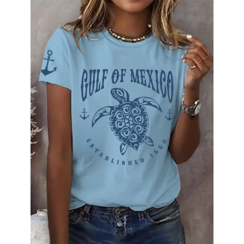 Women's Gulf of Mexico Print T-Shirts Summer Beach Casual Short Sleeve Round Neck Tops