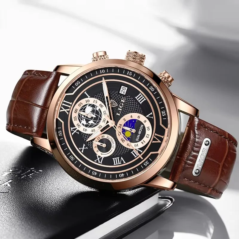 LIGE Jam Tangan Pria Jam Tangan Bisnis Modis Jam Tangan Kuarsa Chronograph Tahan Air Kulit Olahraga Kasual Pria untuk Pria Jam Tanggal Bulan