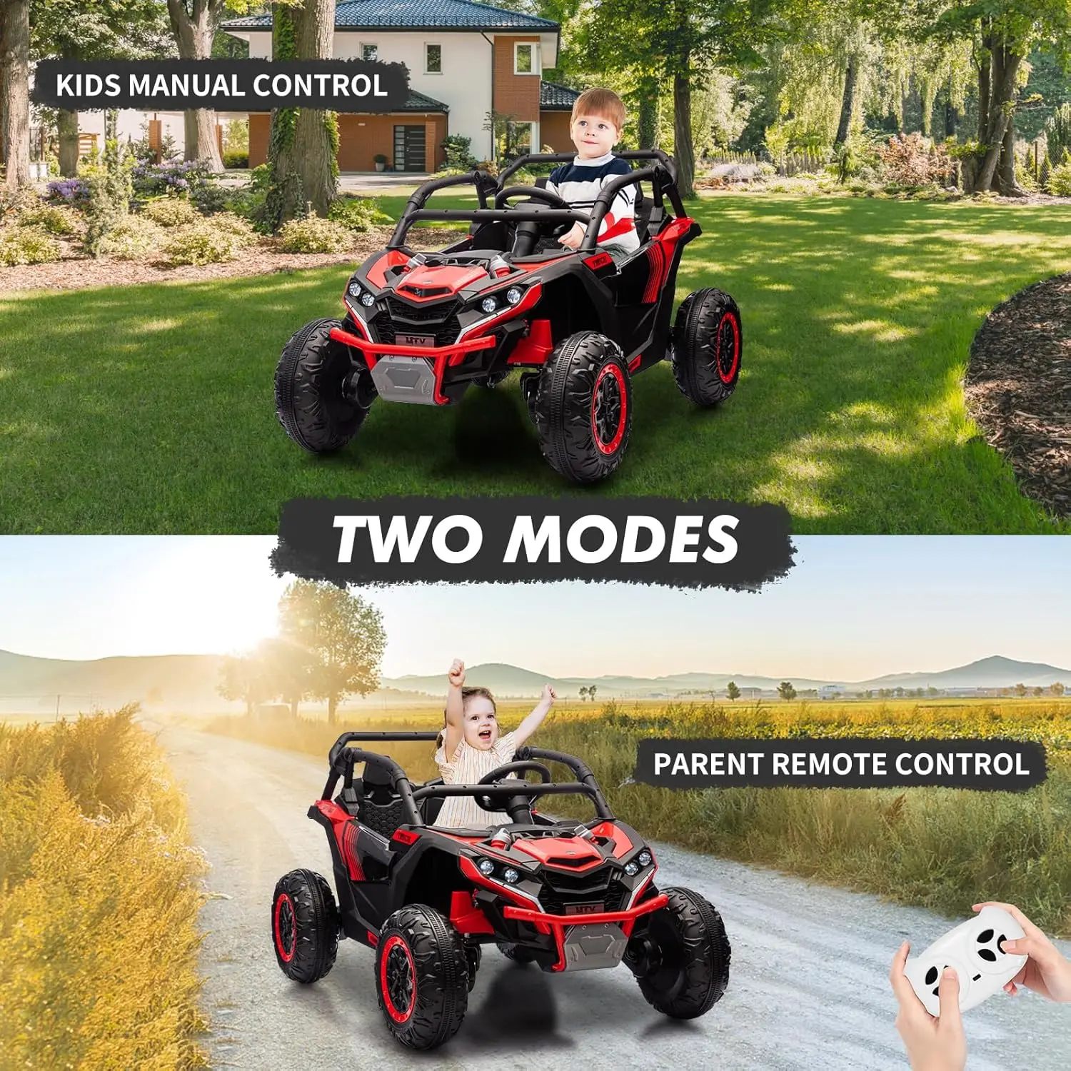Voiture pour enfants 24V 2 places avec télécommande, camion électrique 4WD tout-terrain UTV avec amortisseur à 4 roues, lumières LED, musique
