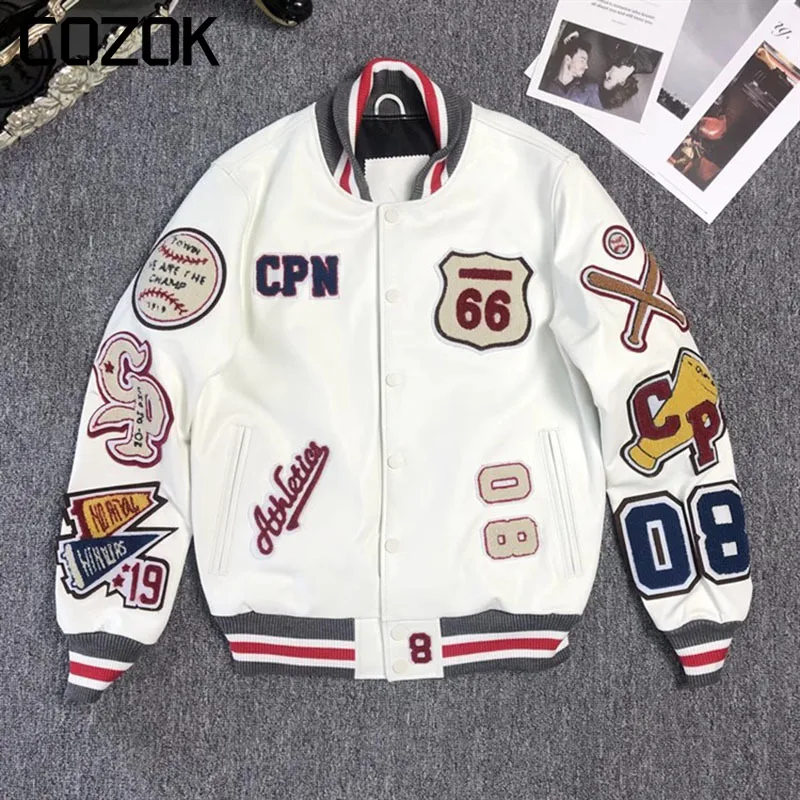 

Multi-Letter Embroidery PU Leather Jacket Men Hip Hop High Quality Baseball Uniform Retro Baseball Jacket Heavy Industry Coat