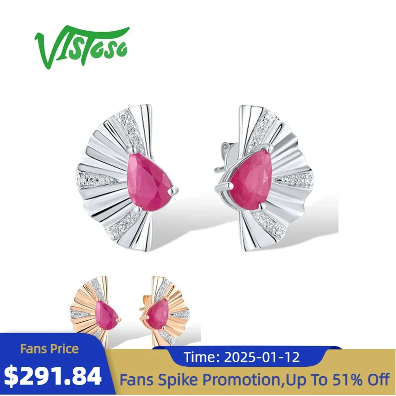 VISTOSO Genuine 14K 585 Rose/White Stud Earrings For Women Sparkling Diamond Ruby Elegant Fan Shaped Anniversary Fine Jewelry