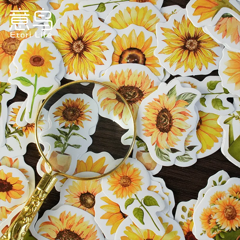 45 Pcs/box Yellow Sunflower Green Leaf Stickers Vintage Flower Decals For Journal Crafts Envelopes Planner Scrapbooking