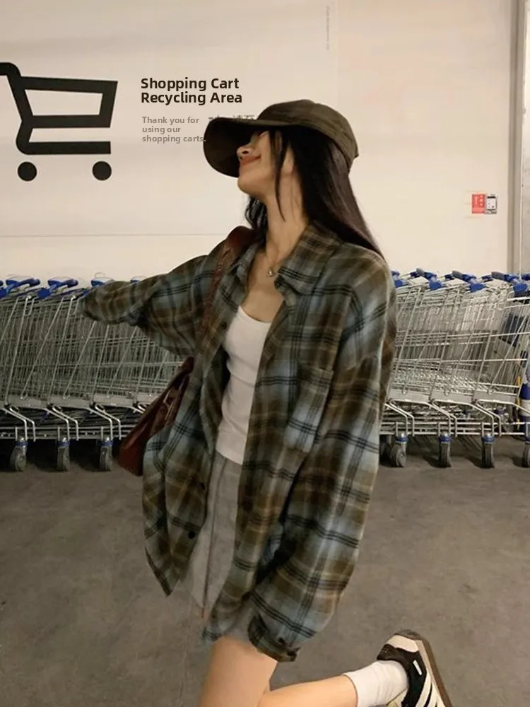 

Новая женская рубашка в клетку 2026 года в стиле Lazy Style с воротником, свободная, в американском ретро-стиле, с защитой от солнца, верхняя одежда с длинным рукавом, корейская версия