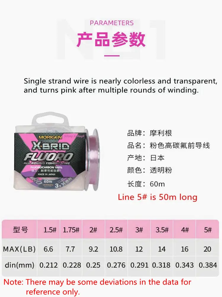 MORIGEN X-BRID Pink High Carbon Fluorine Front Conductor Leader Line  Fishing Line 60M 0.178-0.384mm Fishing Tackle Accessories